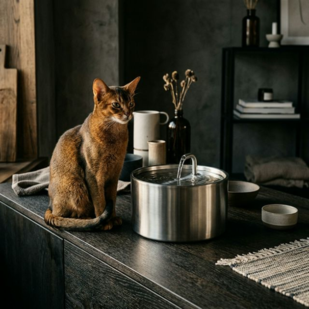 cat is sitting near the bowl